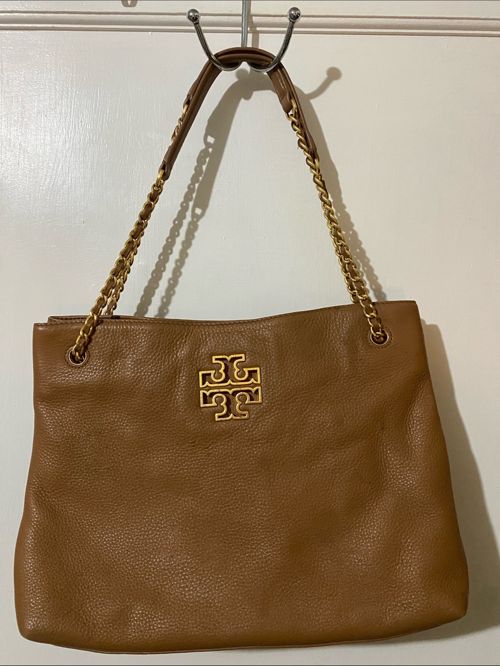 Tory Burch Camel Brown Leather Shoulder Tote with Gold Chain